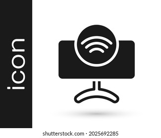 Black Smart Tv system icon isolated on white background. Television sign. Internet of things concept with wireless connection.  Vector