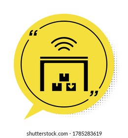 Icono del sistema de almacén Black Smart aislado en fondo blanco. Símbolo amarillo de burbuja de habla. Vector