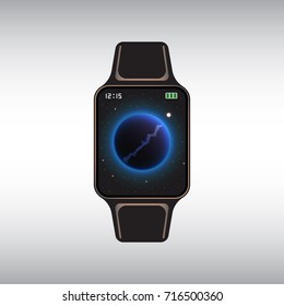 Black smart watch with cosmic decor. Isolated smart watch vector sign. Flat smart watch vector icon.