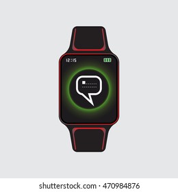 Black smart watch with glowing new message sign. Smart watch vector logo. Isolated smart watch sign. Smart watch vector eps10 icon.
