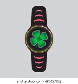 Black smart watch with green clover decor. Smart watch vector logo. Isolated smart watch sign. Smart watch vector illustration. Glowing smart watch.