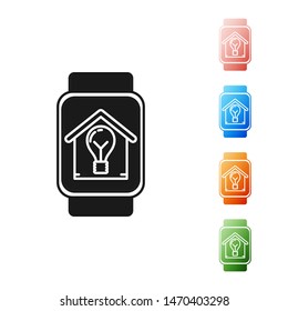 Black Smart watch with smart house and light bulb icon isolated on white background. Set icons colorful. Vector Illustration