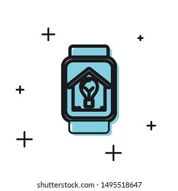 Black Smart watch with smart house and light bulb icon isolated on white background.  Vector Illustration