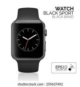 Black smart watch isolated on white. Modern aluminum iWatch. Vector watch with black rubber bracelet. Stylish watch reflected on white background. Time app on smart watch screen.