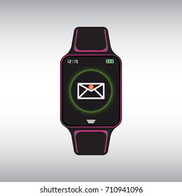 Black smart watch with a new mail message notification at the screen. Smart watch isolated vector icon. Smart watch flat vector sign.