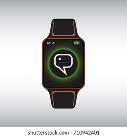 Black smart watch with a new message notification at the screen. Smart watch flat vector sign. Isolated smart watch icon.
