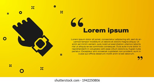 Black Smart watch on hand icon isolated on yellow background. Fitness App concept.  Vector