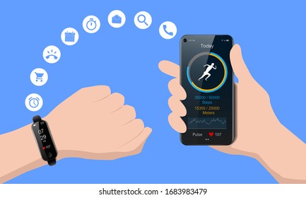 Black Smart Watch On Your Hand And Smart Phone, Mobile Fitness App With Running Tracker And Heart Rate Meter, Healthy Lifestyle Concept, Realistic Vector Illustration