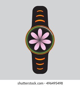 Black smart watch with pink flower decor. Smart watch vector logo. Isolated smart watch sign. Smart watch vector illustration. Art smart watch.