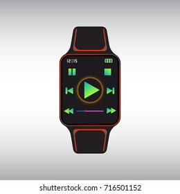 Black smart watch with play button icon at display. Smart watch isolated vector sign. Smart watch flat vector icon.