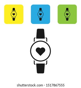 Black Smart watch showing heart beat rate icon isolated on white background. Fitness App concept. Set icons colorful square buttons. Vector Illustration