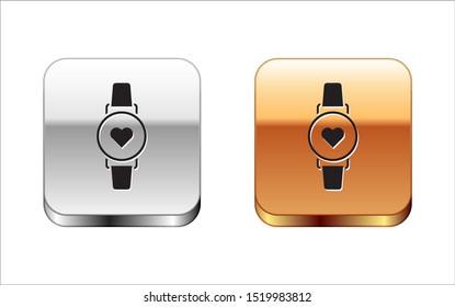 Black Smart watch showing heart beat rate icon isolated on white background. Fitness App concept. Silver-gold square button. Vector Illustration