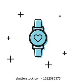 Black Smart watch showing heart beat rate icon isolated on white background. Fitness App concept.  Vector Illustration