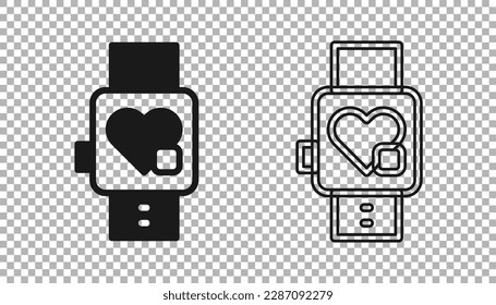 Black Smart watch showing heart beat rate icon isolated on transparent background. Fitness App concept.  Vector