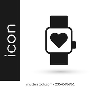 Black Smart watch showing heart beat rate icon isolated on white background. Fitness App concept.  Vector