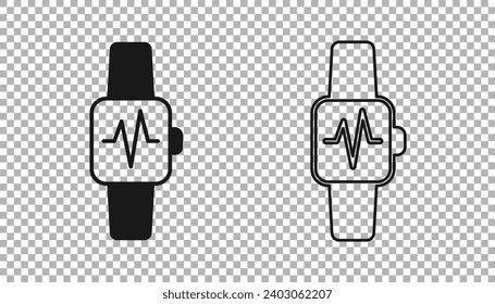 Black Smart watch showing heart beat rate icon isolated on transparent background. Fitness App concept.  Vector