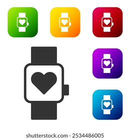 Reloj inteligente negro que muestra el icono de ritmo cardíaco aislado sobre fondo blanco. Concepto de App de la aptitud. Establezca los íconos en Botones cuadrados de color. Vector