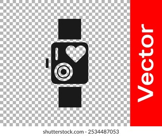 Black Smart watch showing heart beat rate icon isolated on transparent background. Fitness App concept.  Vector Illustration