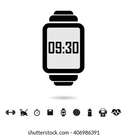 Black smart watch silhouette with different fitness icons