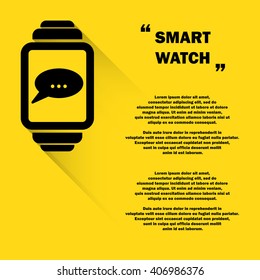 Black smart watch silhouette isolated on yellow background with sample text