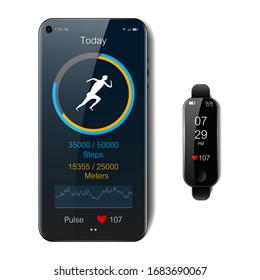 Black Smart Watch And Smartphone On Isolated Background, Mobile Fitness App With Running Tracker And Heart Rate Meter, Healthy Lifestyle Concept, Realistic Vector Illustration