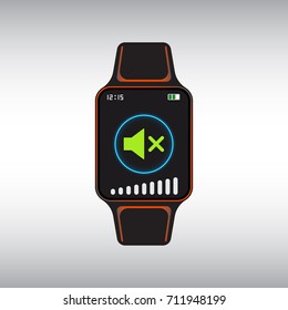Black smart watch with sound off settings menu. Isolated smart watch vector sign. Flat smart watch icon.