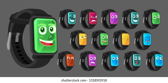 black smart watches mascot set with different screen colours and cartoon character face expressions, isolated on a black background, vector illustration