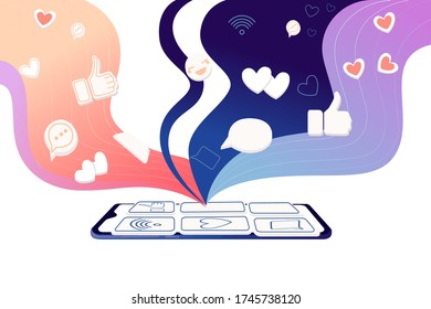 Black smartphone with abstract color wave and hearts likes thumbs up social media platform flat vector illustration on white background