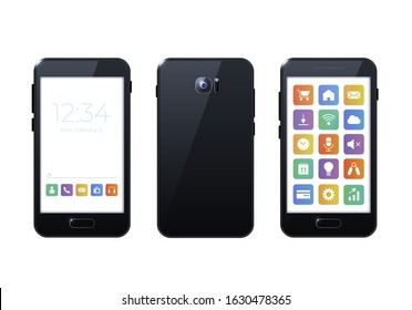 Black Smartphone with Apps on White Background . Isolated Vector Elements