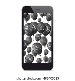 Black smartphone with black balloons and text sale on the white background. 