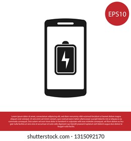 Black Smartphone battery charge icon isolated on white background. Phone with a low battery charge. Vector Illustration