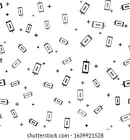 Black Smartphone battery charge icon isolated seamless pattern on white background. Phone with a low battery charge and with USB connection.  Vector Illustration