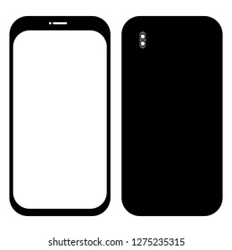 black smartphone with blank screen; front and back view isolated on white background   