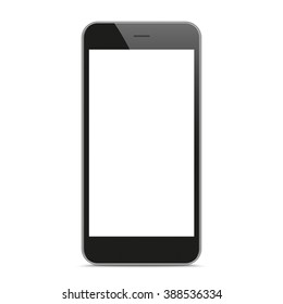 Teléfono inteligente negro con pantalla en blanco y sombra en el fondo blanco. 