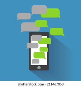 Black smartphone with blank speech bubbles on the screen. Text messaging flat design concept. Eps 10 vector illustration