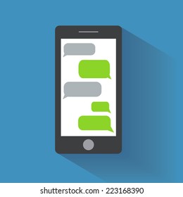 Black smartphone with blank speech bubbles on the screen. Text messaging flat design concept. Eps 10 vector illustration