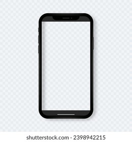 Smartphone negro con pantalla táctil en blanco aislado en fondo transparente.