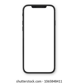 Black smartphone with blank white screen. High detailed realistic smartphone mockup. Mobile front view display template.