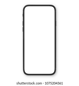 Black smartphone with blank white screen. High detailed realistic smartphone mockup. Mobile front view display template.
