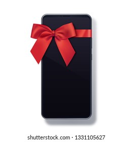 Black Smartphone With Bow Isolated On White Background. Cell Phone Gift Design. Mobile Phone Template. Vector Illustration