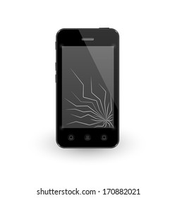 black smartphone with broken display on white background