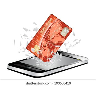 Black smartphone broken glass screen.  Credit card fly from a smartphone as an online concept.