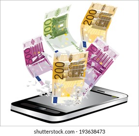 Black smartphone broken glass screen. .Euro fly from a smartphone  as an online concept. Online payments concept.