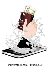 Black smartphone broken glass screen.  A hand giving a leather wallet with money from a smartphone  as an on-line payment concept. On-line payment