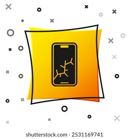 Black Smartphone with broken screen icon isolated on white background. Shattered phone screen icon. Yellow square button. Vector