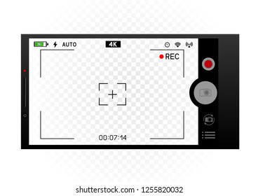Black smartphone camera viewfinder template. 4K phone resolution video rec frame on white background. Record video snapshot photography