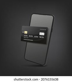 Schwarzes Smartphone mit schwarzer Karte. Konzept der Bankanwendung