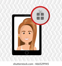 black smartphone with a cartoon blonde woman and a gift above in a red circle over a white background vector illustration