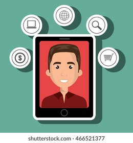black smartphone with a cartoon man in the screen and money,world map,shopping cart and lens symbols above over a red background vector illustration