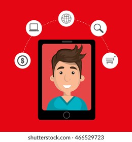 black smartphone with a cartoon man in the screen and money,world map,shopping cart and lens symbols above over a red background vector illustration